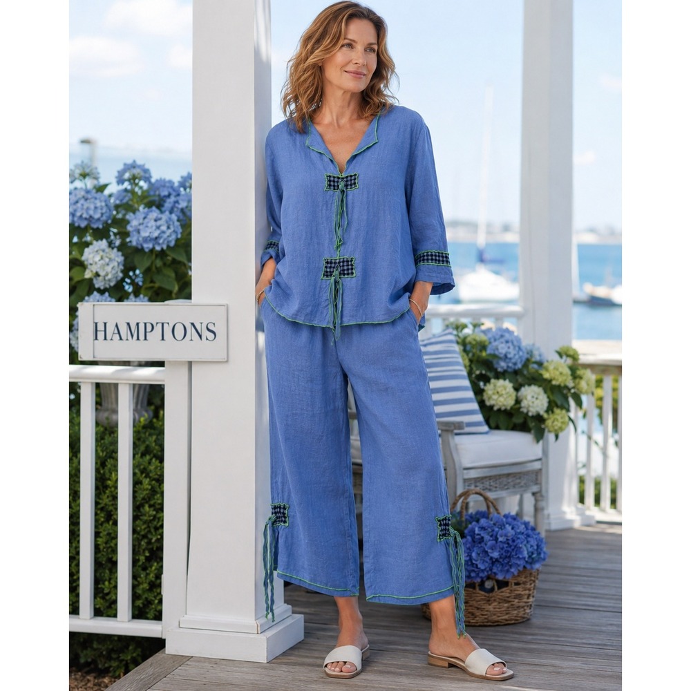 Relaxed Blue Linen Pantsuit with Green Trim